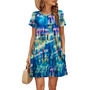 Halife Womens Summer Casual Tshirt Dress Loose Lace Hem Short Sleeve Beach Sundresses with Pockets