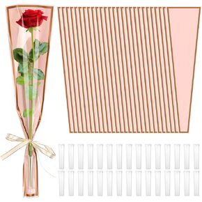 cridoz 100 Pcs Single Rose Sleeve with 100 Pcs Floral Water Tubes for Bouquets, Single Flower Sleeve Flower Wrapping Bags Flower Water Tubes for Mother's Day Graduation Party(Transparent)