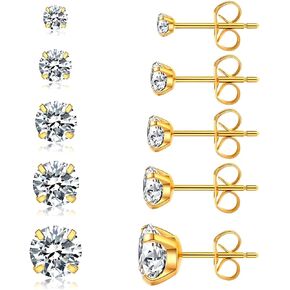 14K Gold Plated 5 Pairs Stud Earrings Set, Hypoallergenic Cubic Zirconia 316L Earrings Stainless Steel CZ Earrings 3-8mm
