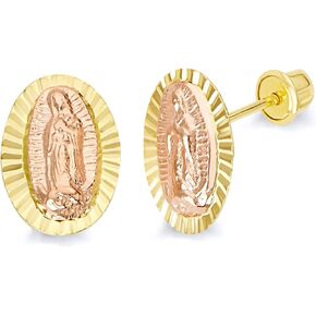 14k REAL Two Tone Gold Our Lady Guadalupe Diamond Cut Stud Earrings with Screw Back
