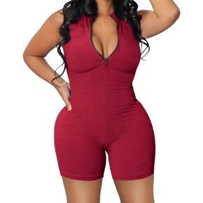 Women Casual Sleeveless Short Romper Summer Zip Up One Piece Bodycon Jumpsuits