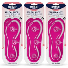 Premier Solutions™ Tri-Balance Gel Orthotic Insoles for Women, 3/4 Length Insoles for Women’s Shoe Sizes 6-10, (Pack of 3)