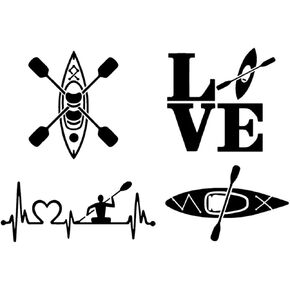 Kayaking Decal 4 Pack: Kayak Heartbeat, LOVE Kayaking, Detailed Kayak, Kayaking Vinyl Decals (Small ~3.5", White)
