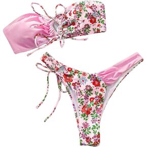 SHENHE Women's Strapless 2 Piece Swimsuits Floral Colorblock Lace Up Bandeau Bikini Set
