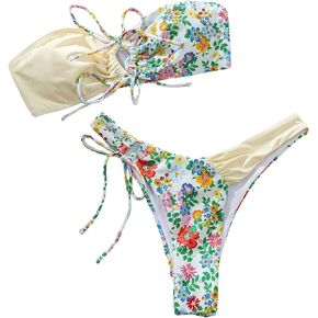 SHENHE Women's Strapless 2 Piece Swimsuits Floral Colorblock Lace Up Bandeau Bikini Set