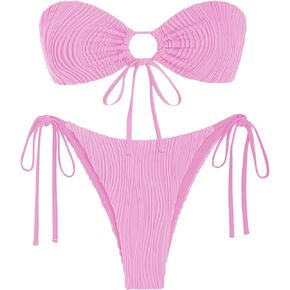 ZAFUL Women's Bandeau Bikini Set Tie Side Swimwear O Ring Cinched Strapless Swimsuit Halter Two Piece Bathing Suit