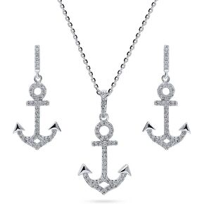 BERRICLE Sterling Silver Anchor Cubic Zirconia CZ Fashion Necklace and Earrings Set for Women, Rhodium Plated