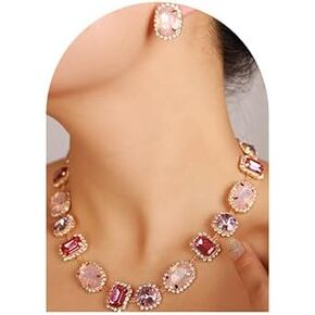 Xerling Multi-colored Geometric Gemstone Crystal Statement Choker Necklace for Women Bridal Wedding Collar Necklace Chains with Stud Earrings