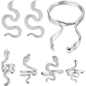 FIBO STEEL Snake Jewelry Set Snake Necklace Ring Earrings for Women Dangle Earrings Gold Snake Earrings Knuckle Rings Adjustable Necklace Halloween Jewelry