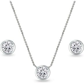 Jewelry Sets for Women, Necklace and Earring Sets for Women, Birthstone Jewelry, Genuine or Synthetic Gems, 5mm Round Bezel, Pendant Necklace, Short Necklace, Stud Earrings, Sterling Silver Jewelry