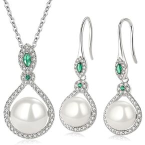 Hadskiss Silver Jewellery Set for Women, Pearl Dangle Drop Earrings & 925 Sterling Silver 45cm Necklace Pendant Set, Jewellery for Mother Wife Girlfriend for Bridal Bridesmaid