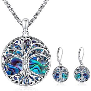 Tree of Life Necklace and Earrings Sterling Silver Abalone Shell Tree Jewelry Set Gift