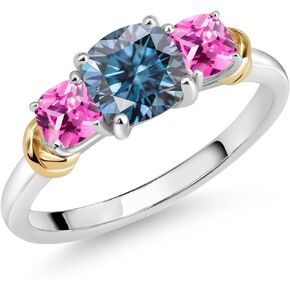 925 Sterling Silver and 10K Yellow Gold Persian Blue Moissanite and Pink Created Sapphire 3 Stone Engagement Ring For Women (1.69 Cttw, Cushion Cut 6MM and 4MM, Available In Size 5, 6, 7, 8, 9)