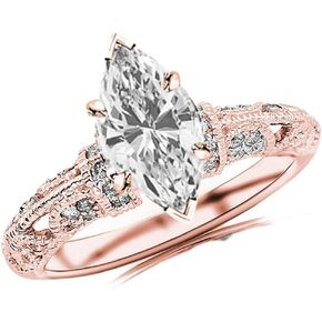14K White Gold 1 Carat LAB GROWN DIAMOND Vintage Pave Set Round Marquise Cut Diamond Engagement Ring (D-E Color VS1-VS2 Clarity 0.75 Ct Center)