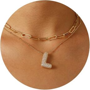 Ascona A-Z Bubble Letter Necklace Gold, Layered Balloon Initial Necklaces Rhinestone Letter Pendant Chain Layering Necklaces for Women Girls Jewelry Gift
