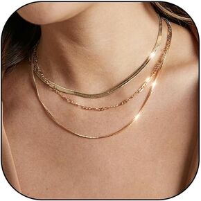 Staligue Layered Gold Choker Necklaces for Women,14K Gold Filled Chain Necklace for Women Dainty Layering Herringbone Figaro Bead Tennis Chain Disc Dog Tag CZ Pendant Necklaces Jewelry Set for Girls