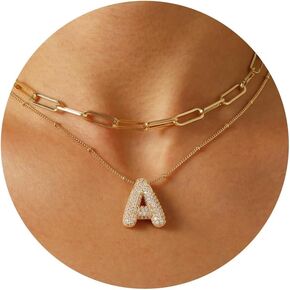 Ascona A-Z Bubble Letter Necklace Gold, Layered Balloon Initial Necklaces Rhinestone Letter Pendant Chain Layering Necklaces for Women Girls Jewelry Gift in Kuwait