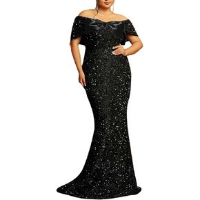 Women's Sexy Off Shoulder Short Sleeve Sequin Floor Length Bodycon Cocktail Evening Gown Party Maxi Dress