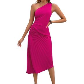 WDIRARA Women's One Shoulder Ruched Cut Out Tie Side Pleated Sleeveless Cocktail Party Elegant Midi Dress
