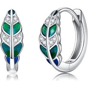 Green Leaf Earrings 925 Sterling Silver Small Hoop Earrings for Women Green Enamel Earrings Leaf Jewelry for Girls Earrings Gifts