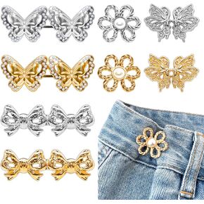 8 Sets Pant Waist Tightener,Adjustable Detachable Decorative Waist Buckles, Jeans Buttons for Loose Jeans,Crystal Pants Clips for Waist (Gold)