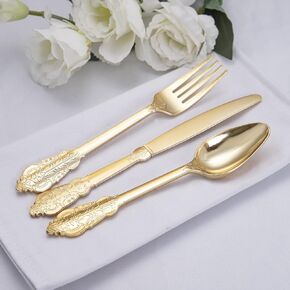 NOCCUR 400PCS Gold Silverware Disposable - Gold Plastic Silverware - Gold Plastic Cutlery Include 200 Forks, 100 Spoons, 100 Knives, Gold Disposable Silverware Perfect for Party&Daily Using