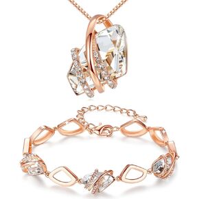 Leafael Wish Stone Necklace and Bracelet Jewelry Set for Women, April Birthstone Clear White Crystal Jewelry, Silver Tone Gifts for Women