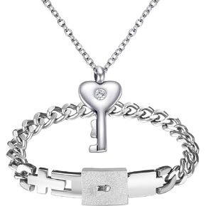 Lock and Key Bracelet Necklace Set: Stainless Steel Locking Bracelet Angel Wing Heart Key Pendant Couples Jewelry Anniversary Weddings Valentines Gifts for Men Women