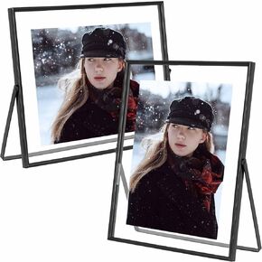 Qiannhee Floating Frame(Vertical & Horizontal),8x10 Black Picture Frame Hold 7x9in 6x8in 5x7in Photo for Tabletop Display, Glass Metal Black Frame Set of 2 as Valentine's Day, Wedding Gift