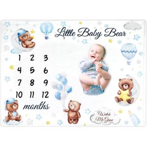 Sleeping Bear Baby Milestone Blanket Blue Star Balloon Flannel Blankets Baby Shower Monthly Bear Growth Chart Swaddle Blanket with Frame for Baby Boy Girl Newborn Anniversary in Saudi Arabia