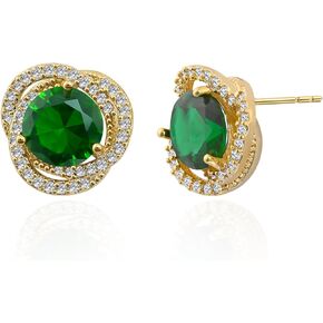 18K Gold Plated Emerald Stud Earrings, Green Crystal with Cubic Zirconia Halo, Hypoallergenic Sterling Silver Post