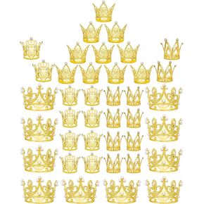 Benvo 40 Pcs Gold Crown Cake Topper Pearl Rhinestone Mini Crowns Small Diamond Tiaras for Flower Bouquet Cupcake Centerpieces Decoration of Girl Lady Bridal Wedding Birthday Party, 4 Crown Designs