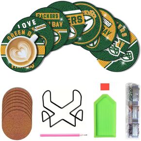 8 Pcs Diamond Painting Coasters Kit, DIY Football Diamond Art Coasters with Holder for Green Bay Adults Diamond Art Crafts Supplies