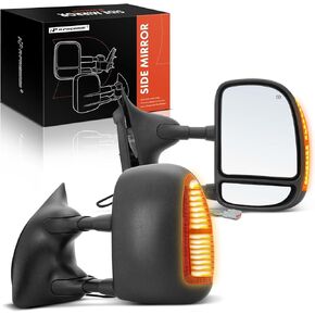 A-Premium Towing Mirrors - Compatible with Ford F-250 F-350 F-450 Super Duty 1999-2007, Excursion 01-05 - Manual Folding Heated Telescoping Black- with Power Glass Turn Signal Running Light - Pair Set