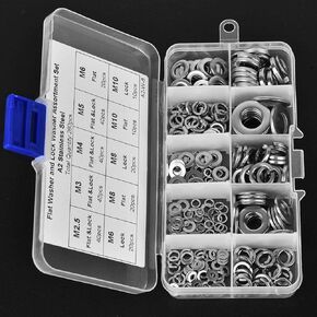 Flat Washer, 7 Sizes Spring Washer, 260PCS Assortment Set Resistant Finish Stainless Steel Construction Fasteners for Industrial