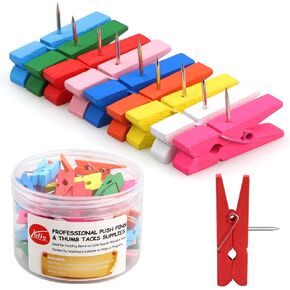 Yalis Wooden Push Pin Clips 50 Pcs, Pins Clips Creative Paper Clips with Pins for Cork Board and Photo Wall No Holes for The Paper