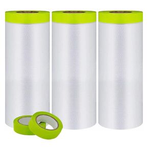 Pre-Taped Masking Film-55inx65ft Tape and Drape Painters Paper Rolls, Plastic Painting Film for Automotive Painting Covering（Masking Film:3rolls,Tape:2rolls