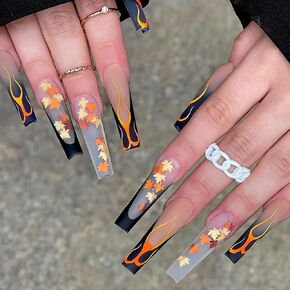 IMSOHOT Long Press on Nails Coffin Fake Nails Fall French Acrylic False Nails Matte Clear Glue on Nails Maple Leaf Designs Full Cover Black Stick on Ballerina Nails for Women 24pcs