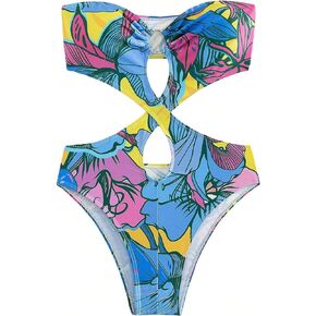 WDIRARA Women's Strapless Cut Out One Piece Swimsuit Tropical Print High Cut Swimsuit
