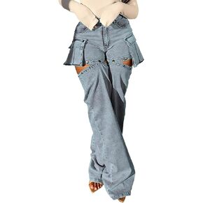 Women Cargo Jeans Y2K High Waisted Baggy Cutout Detachable Summer Jean Shorts Streetwear