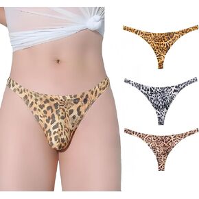Men's Leopard Print Thong U Drum Bag Sexy Gold/Black/Skin 3 Pack