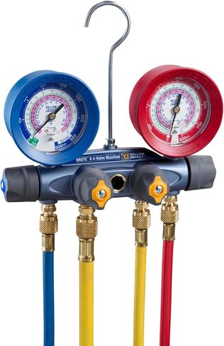 سترة صفراء 46015 4-Valve Brute II A2L مشعب، (رطل لكل بوصة مربعة درجة فهرنهايت) مبردات R32/454B/410A، مع مقاييس 3-1/8 بوصة (60 بوصة بالإضافة إلى صمام كروي II/خرطوم الشحن) in Saudi Arabia