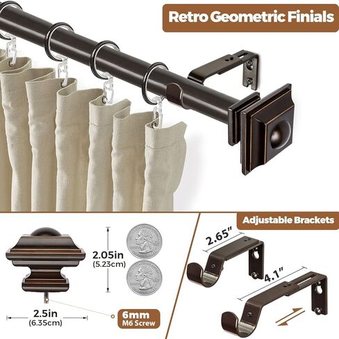 قضيب ستارة كامانينا 1 بوصة قضيب ستائر واحد 48 إلى 86 بوصة (4-7.2 قدم)، قضبان ستائر برونزية عتيقة للنوافذ، تيجان مربعة عتيقة in Kuwait