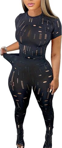 Milumia Women's Cut Out 2 Pieces Outfits Sheer Stand Collar short Sleeve Tee Leggings Set in Saudi Arabia