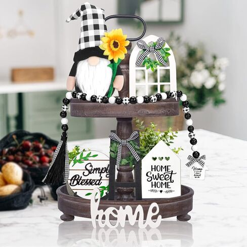 10 PCS Farmhouse Tiered Tray Decor Set with Black White Buffalo Plaid Gnome, Artificial Plant and Wooden Rustic Table Ornaments, Beautiful Spring and Summer Decoration, Housewarming Gift in Saudi Arabia