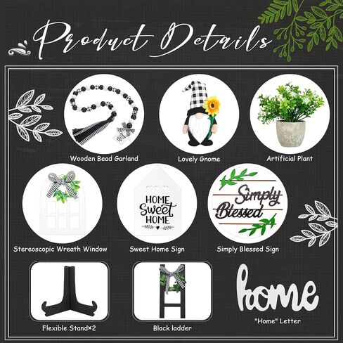 10 PCS Farmhouse Tiered Tray Decor Set with Black White Buffalo Plaid Gnome, Artificial Plant and Wooden Rustic Table Ornaments, Beautiful Spring and Summer Decoration, Housewarming Gift in Saudi Arabia