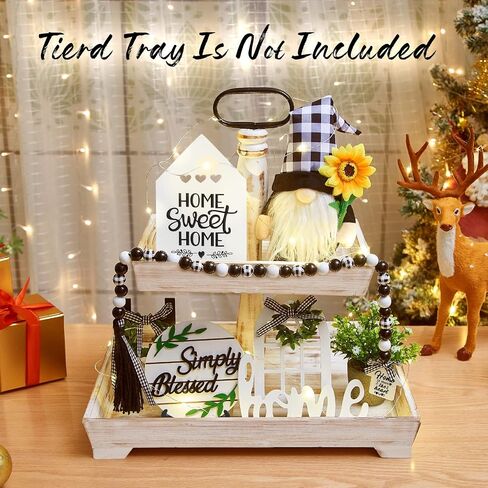 10 PCS Farmhouse Tiered Tray Decor Set with Black White Buffalo Plaid Gnome, Artificial Plant and Wooden Rustic Table Ornaments, Beautiful Spring and Summer Decoration, Housewarming Gift in Saudi Arabia