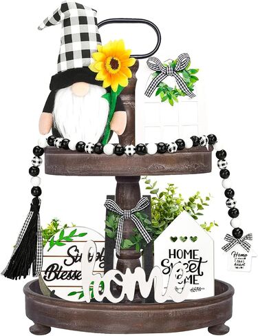 10 PCS Farmhouse Tiered Tray Decor Set with Black White Buffalo Plaid Gnome, Artificial Plant and Wooden Rustic Table Ornaments, Beautiful Spring and Summer Decoration, Housewarming Gift in Saudi Arabia