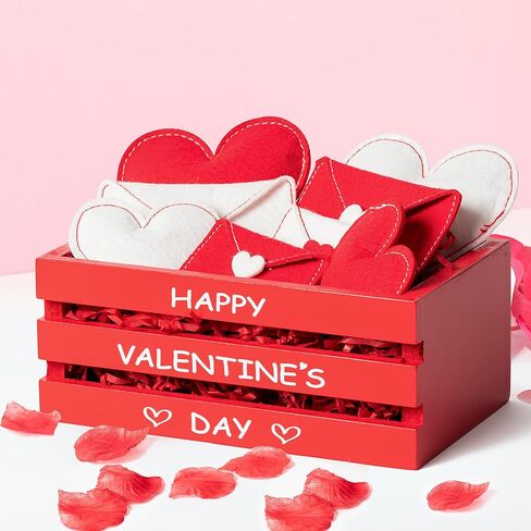 WATINC Valentine's Day Tiered Tray Decor Set - Red Wooden Crate with Felt Envelopes, Artificial Flowers Petals, and Cut Paper Filler in Saudi Arabia
