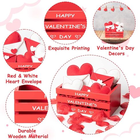 WATINC Valentine's Day Tiered Tray Decor Set - Red Wooden Crate with Felt Envelopes, Artificial Flowers Petals, and Cut Paper Filler in Saudi Arabia